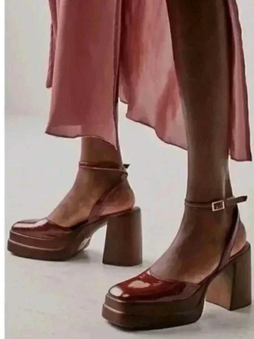 Free People Double Stack Platform Mary Jane Heels Brown Patent Leather 7.5 Boho